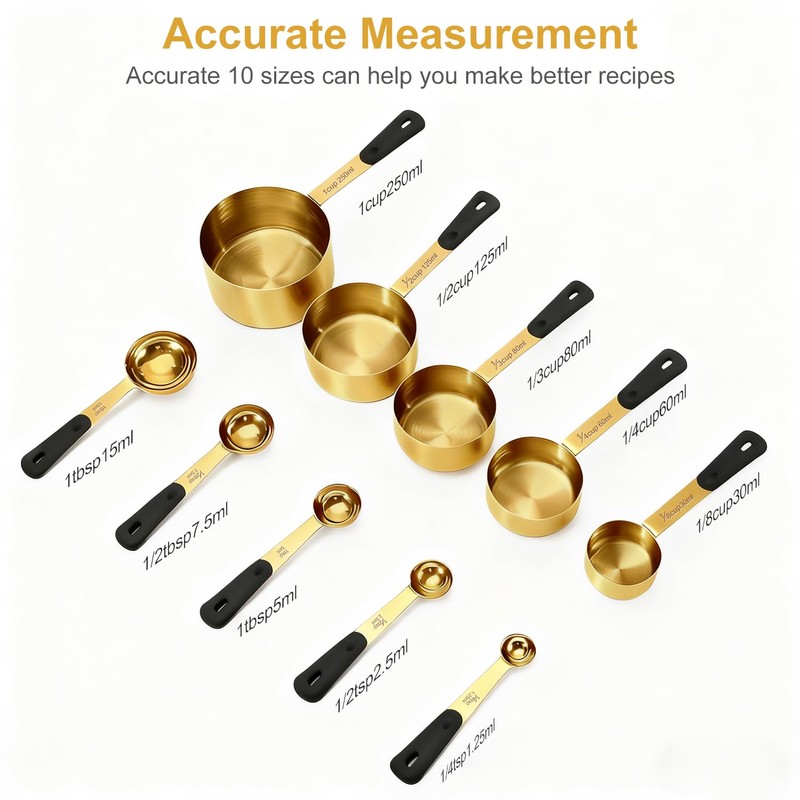 10-Pcs Stainless Steel Measuring Cups & Spoons Set, Gold