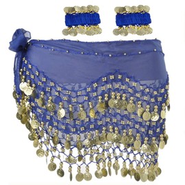 Morices Belly Dance Hip Scarf with Bracelets, Chiffon Belly Dance Scarf Wrap Belt Sash Skirt with Gold Coins for Performance Costume Belly Dance Yoga Class