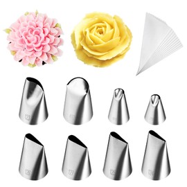 Kasmoire Kasmoire 8 Pcs Rose Flower Piping Tips Set,Petal Icing Tips with 10 Pcs Disposable Piping Bags for Cake Decorating