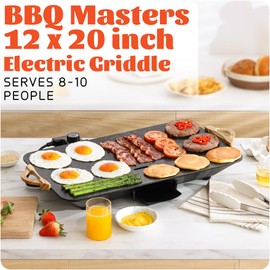 12x20inch Electric Griddle by BBQ Masters, 1700W Fast Even Heating, ILAG Granite Nonstick, Sloped Cooking Surface, Frameless Design for Easy Cleaning, Great for Family Gatherings, Black