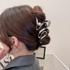 Silver Metallic Ribbon-Shaped Pearl Metal Fashion Hair Claw Clips, Large Hair Claw Nonslip Barrettes Non-Slip No Broken Strong Hold Clamps Accessories for Woman Girls