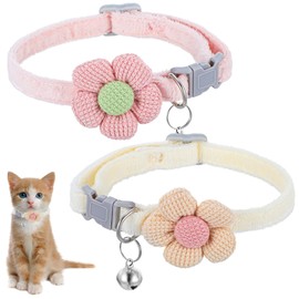 Breakaway Cat Collars with Bells, 2 Pcs Cute Floral Kitten Collar with Buckle, Adjustable Safety Kitty Collars with Flower for Cats Puppy and Small Pets(Apricot, Pink)