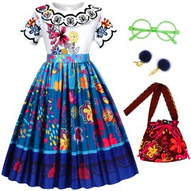 Foierp Mirabel Dress for Girls Encanto Costume for Toddler Dress up Clothes with Bag Glasses Earrings Birthday Party Cosplay