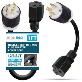 IronBox Electric NEMA L5-30P to 5-20R Plug Adapter Power Cord - 20A, 125V, 12/3 SJT - UL Listed Power Adapter Cable - Heavy Duty Extension Cord for Generator, Data Centers and More (1ft, Custom Built)