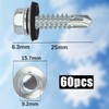 60PCS Roofing Screws with Rubber Washers 6.3x25mm Hex Head Self