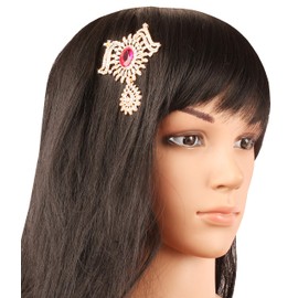 NEW! Touchstone Indian Bollywood Impressive Style Fine Filigree Fuchsia Color Faux Tourmaline White Rhinestone Designer Bridal Jewelry Hair Accessory Jurapin In Gold Tone For Women.