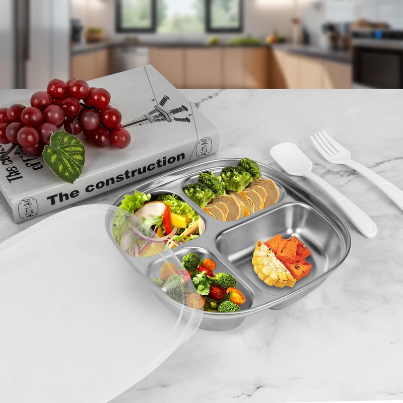 Linkidea 2 Pack Stainless Steel Portion Control Plates, Triple Divided