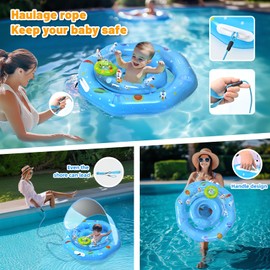 Baby Pool Float with Canopy, Inflatable Baby Swim Float with UPF50+ Sun Protection, Infant Pool Float with Toy Play Console,Safety Handles & Leashes,Adjustable Safety Seat For Toddler Aged 6-36 Months