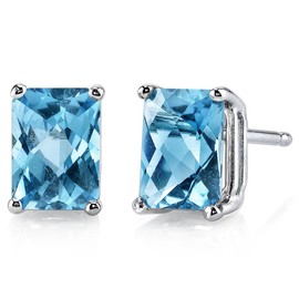 Peora Solid 14K White Gold Swiss Blue Topaz Earrings for Women, Genuine Gemstone Solitaire Studs, 7x5mm Radiant Cut, 2.25 Carats total, Friction Back, Blue Earrings, December Birthstone Earrings