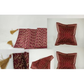 1 x table runner and 2 x cushions in a set, dark red with floral pattern, table runner, cushion decorative set