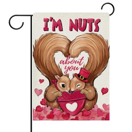 Dyrenson Valentines Squirrel Decorative Garden Flag, I'm Nuts About You Love Hearts Yard Outside Home Decorations, Anniversary Wedding Burlap Outdoor Small Decor Double Sided 12 x 18