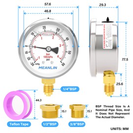 MEANLIN MEASURE -30inHg~60PSI Glycerin Filled Vacuum Pressure Gauge, Stainless Steel 1/4" BSP 2.5" FACE DIAL Lower Mount, with 1/4" x 1/2" BSP and 1/4" x 3/8" BSP Hex Bushing
