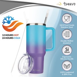 tweevo 40 oz Tumbler With Handle and Straw Made of Stainless Steel - Double Wall Vacuum Insulated Tumbler With Lid - Sweat Proof Easy Grip, BPA-Free, Dishwasher Safe Tumbler (Gradient Purple)