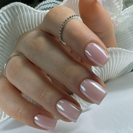 Pastel Pink Press On Nails Short - KQueenest Chrome Press On Nails Square, Sparkle Gel Fake Nails Press on Mirror Shine, Natural Glitter Glue on Nails Short Coffin, Glazed Stick On Nails for Women