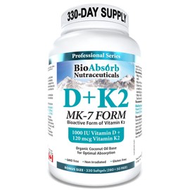 Vitamin D3 1000 IU + Vitamin K2 MK-7 (120 mcg). 330-Day Supply Of Vitamin D3 K2. Organic Coconut Oil Base For Optimal Absorption of K2 D3 Vitamin Supplement (330 Softgels of Vitamin D K2)