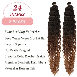 Boho Curly Wavy Braiding Hair Deep Water Wave Crochet Hair 1B/30/27 Ocean Wave Braiding Hair Pre Stretched 24 Inch 2 Packs Boho Curls Hair for Braiding Synthetic Bohemian Crochet Braids