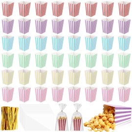 Gueevin 144 Pcs Mini Popcorn Boxes and Clear Treat Bag Set Candy Favor Treat Containers with Clear Cellophane Bags and Gold Wire Striped Paper Popcorn Buckets for Birthday Christmas Party Supplies