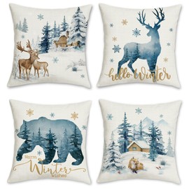 Bonhause Set of 4 Cushion Covers Winter Reindeer Blue 45 x 45 cm Bear Deer Snow Pine Polyester Linen Decorative Cushion Covers for Sofa Winter Holiday Decoration