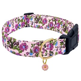 TEEMERRYCA Floral Print Dog Collar with Flower Charm - Durable Polyester Composite, Adjustable for Small Medium Large Breeds, Pets Gift (Dark Pink-M)