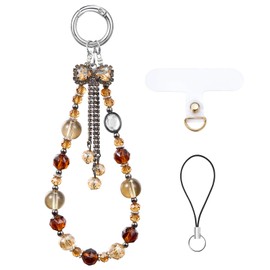 BEEFLYING Crystal Bead Phone Bracelet Strap, Brown Cellphone Bow Charms Wristlet Lanyard for Women, Kawaii Pendant Wrist Strap for Camera Bag