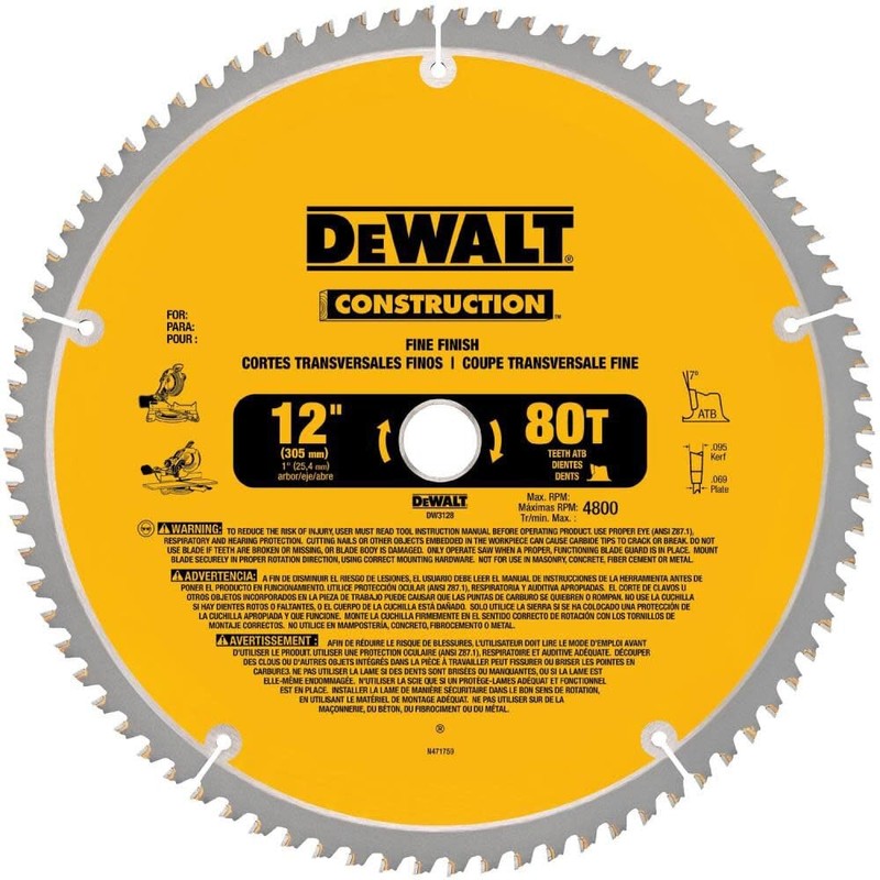 DEWALT 12-Inch Miter Saw Blade, Crosscutting, Tungsten Carbide, 80-Tooth and