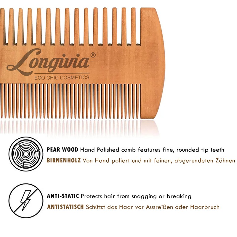 Longivia® Beard Comb Wood Ecological 100% Pear Wood Beard Comb