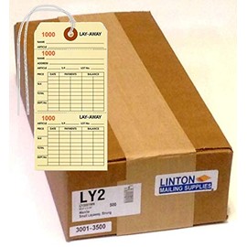 Layaway Tag, Manila Cardstock (3.125" x 6.25") w Two Tear-Off Sections, Black Ink w Sequential Red Numbers, Reinforced Hole w String Attached - Box of 500 Tags