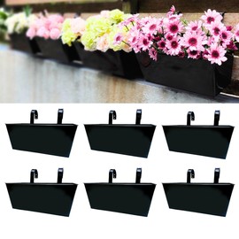 LaLaGreen Outdoor Rail Planter (6 Pack, 16 Inch) Large Black Metal Wall Hanging Strawberry Flower Pots, Rectangle Balcony Deck Railing Fence Rectangular Plant Holder Outside Patio Porch Decoration