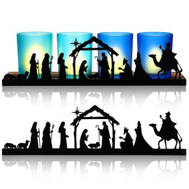 LemonRoad Christmas Nativity Votive Candle Holders Set Includes 1 Wooden Tray 4 Glass Tea Light Religious Prayer Candle Catholic Table Centerpieces Indoor Home Mantel Decoration for Xmas Holiday