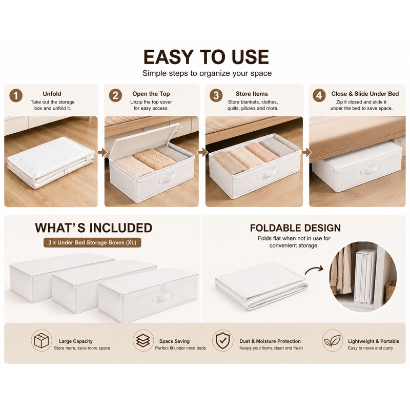 3 Pcs Foldable Storage Boxes for Clothes, Underbed Storage Organizer