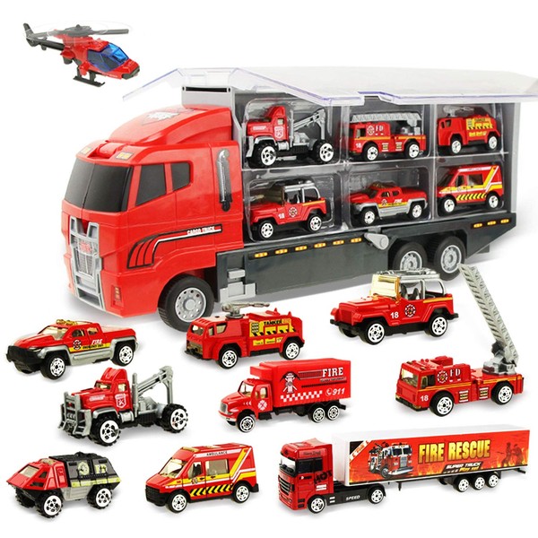 Coolplay Fire Truck Toy Set for Kids, Toy Vehicles Carrier Truck with Die-cast Cars, ​Rescue Firetruck for Boys 3-6 Years Old