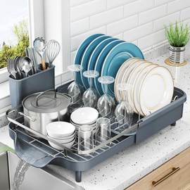 Dish Drying Rack - Expandable Dish Rack for Kitchen Counter, Stainless Steel Dish Drainer with Drainboard Set and Utensil Holder, Sink Drying Dish Strainer Rack (Gray)