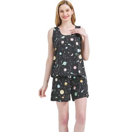 CHUNG Women's Cute Cotton Pajama Set Cartoon Tank Tee Shorts Sleepwear Summer Plus Size Dog (Medium, Black Universe)