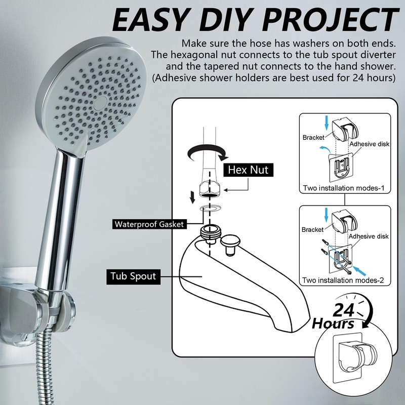 LUOGULIANG Chrome Tub Spout with Diverter, 5 Settings Hand Held