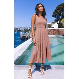 MEROKEETY Women's One Shoulder Sleeveless Shirred High Waist Swing A-Line Midi Maxi Dress,Pink,XL