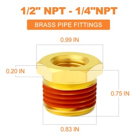 GASHER 10Pcs Brass Hex Bushing 1/2" NPT Male x 1/4" NPT Female, Brass Threaded Pipe Fitting With Sealant