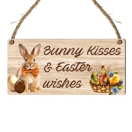 Bunny Kisses & Easter Wishes Wooden Plaque - Handcrafted Easter Themed Decor with Rabbit & Egg Basket Design, Versatile Home Decoration with Rustic Charm, Ideal for Seasonal Adornments & Gift Hampers