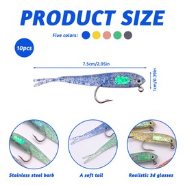 Soft Fishing Lures 10pcs with Jig Head and T Tail 7.5cm for Sea fishing,Plastic Sea Fishing Tackle for Pike, Bass, Perch, Trout - Saltwater & Freshwater - Easy Catching