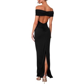 Womens Summer Off The Shoulder Dress Ruched Bodycon Sleeveless Split Cocktail Party Maxi Dresses(672-Black-L)