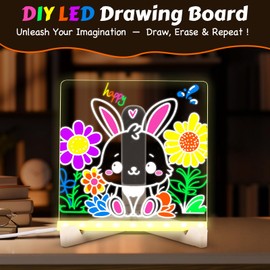 Yueur Doodle Glow Board - 5.9"x5.9" LED Drawing Board for Kids with 4 Modes & 7 Colors, DIY LED Glow Drawing Board with Stand for Room/Store/Office/Festival/Gift, with 7 Markers & Cleaning Wipe