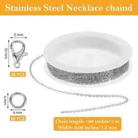ElevateTech 16.4 Feet Stainless Steel Chain, 1.5mm Necklace Chain for Jewellry Making Metal Cable Chain Links with 20 Lobster Clasps and 50 Jump Rings for DIY Bracelet Necklace Making Supplies