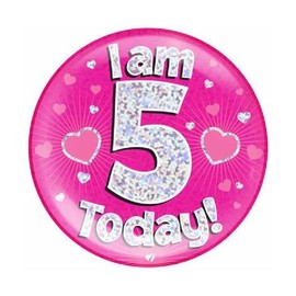 Age 5 Birthday Badge Pink And Silver Stars And Hearts Holographic Recyclable 5th Birthday Party Badge OTP