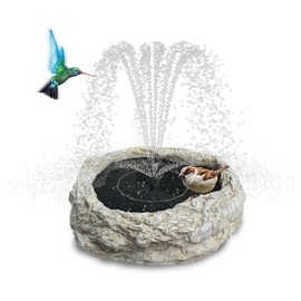 SAC SMARTEN ARTS - Fuente solar para baño de pájaros con panel solar de resina, granito, roca solar, bomba de agua para baño de pájaros, colibrí, pajarera, estanque con 5 boquillas