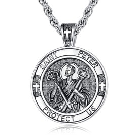 WYUESGU St Peter Medal Silver Saint Peter Medallion Pendant Necklace Medalla De San Pedro Protection Jewelry Confirmation First Communion Necklace Catholic Christian Religious Gifts for Men