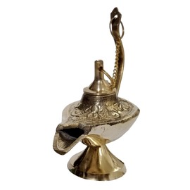 Purpledip Brass Lamp Anajli Holder: Magic Lamp Or Aladin's Chirag Shape Charan Amrit Vessel for Home Temple (12485)