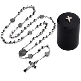 HanlinCC Stainless Steel Catholic Rosary Necklace with Gift Box with Saint Benedict Saint Michael Miraculous medal for Men and Women, 52cm length, Stainless Steel, No Gemstone