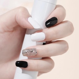 LIFOOST Fully Cured Gel Nail Strips Black White Long Lasting Nail Polish Wraps Salon-Quality Free Nail Lamp Light Glitter Gel Nail Stickers for Women Manicure