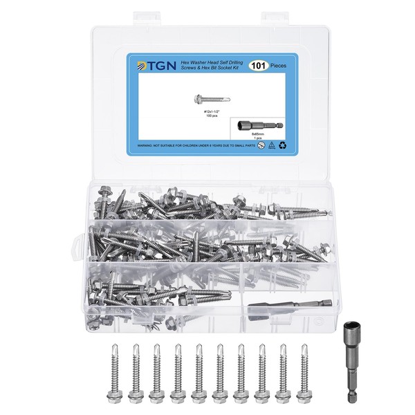 DTGN 100Pcs #12x1-1/2" Hex Washer Head Self Drilling Screws, 410
