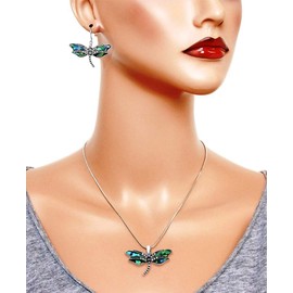DianaL Boutique Stunning Dragonfly Pendant Necklace and Earrings Set with 19" Chain Abalone Shell Fashion Jewelry