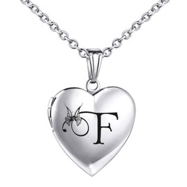MUERDOU Locket Necklace that Holds Pictures Initial Alphabet Letter Heart Shaped Photo Memory Locket Pendant Necklace (F)